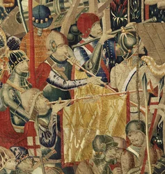 Tapeçaria mostrando as Conquistas de D. Afonso V de Portugal, Tournai. Detalhe. (Lã e seda).