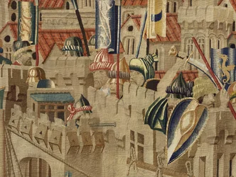 Tapeçaria mostrando as Conquistas de D. Afonso V de Portugal, Tournai. Detalhe. (Lã e seda).