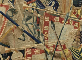 Tapeçaria mostrando as Conquistas de D. Afonso V de Portugal, Tournai. Detalhe. (Lã e seda).