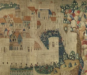 Tapeçaria mostrando as Conquistas de D. Afonso V de Portugal, Tournai. Detalhe. (Lã e seda).