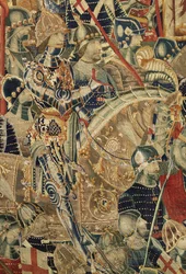 Tapeçaria mostrando as Conquistas de D. Afonso V de Portugal, Tournai. Detalhe. (Lã e seda).