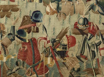 Tapeçaria mostrando as Conquistas de D. Afonso V de Portugal, Tournai. Detalhe. (Lã e seda).