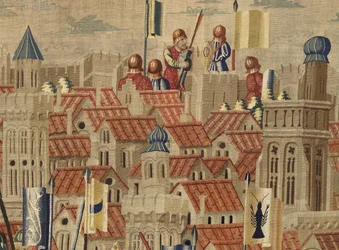 Tapeçaria mostrando as Conquistas de D. Afonso V de Portugal, Tournai. Detalhe. (Lã e seda).