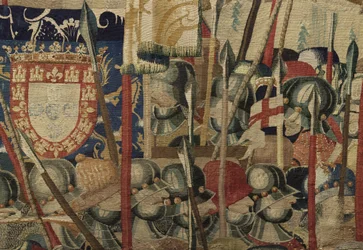 Tapeçaria mostrando as Conquistas de D. Afonso V de Portugal, Tournai. Detalhe. (Lã e seda).