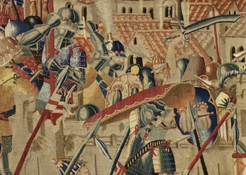 Tapeçaria mostrando as Conquistas de D. Afonso V de Portugal, Tournai. Detalhe. (Lã e seda).