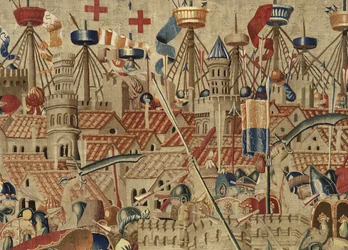 Tapeçaria mostrando as Conquistas de D. Afonso V de Portugal, Tournai. Detalhe. (Lã e seda).