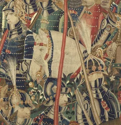 Tapeçaria mostrando as Conquistas de D. Afonso V de Portugal, Tournai. Detalhe. (Lã e seda).