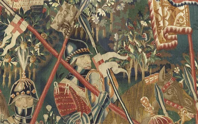 Tapeçaria mostrando as Conquistas de D. Afonso V de Portugal, Tournai. Detalhe. (Lã e seda).