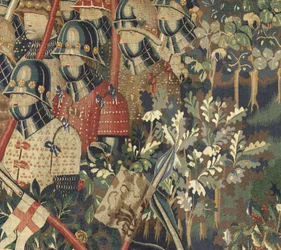 Tapeçaria mostrando as Conquistas de D. Afonso V de Portugal, Tournai. Detalhe. (Lã e seda).