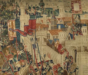 Tapeçaria mostrando as Conquistas de D. Afonso V de Portugal, Tournai. Detalhe. (Lã e seda).