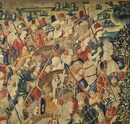 Tapeçaria mostrando as Conquistas de D. Afonso V de Portugal, Tournai. Detalhe. (Lã e seda).