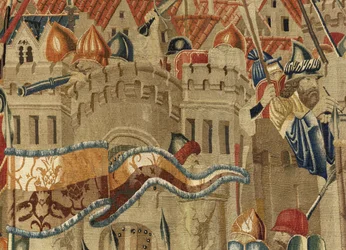 Tapeçaria mostrando as Conquistas de D. Afonso V de Portugal, Tournai. Detalhe. (Lã e seda).