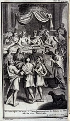 Telemaque é recebido em Lacedemone no palácio de Menelas com Pisistrate. Ilustração para o livro IV da Odisseia de Homere, na Odisseia, publicado em Amesterdão em 1731, Milão.
