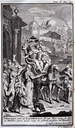 Telemaque deixa Lacedemone em um tanque com o filho de Nestor depois de receber grandes presentes de Menelas. Ilustração para o livro XV de l