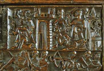 O Baú de Courtrai representando soldados de infantaria flamengos derrotando a cavalaria francesa (madeira) (detalhe)