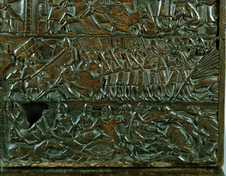 O Baú de Courtrai representando a linha de batalha flamenga durante a Batalha das Esporas Douradas, travada em Courtrai em 1302 (madeira) (detalhe)