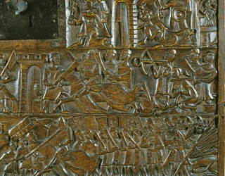 O Baú de Courtrai retratando a revolta em Bruges em 18 de maio, durante a Batalha das Esporas Douradas, disputada em Courtrai em 1302 (madeira) (detalhe)