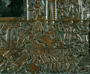 O Baú de Courtrai representando duas cenas da Batalha das Esporas Douradas disputada em Courtrai em 1302 (madeira) (detalhe)