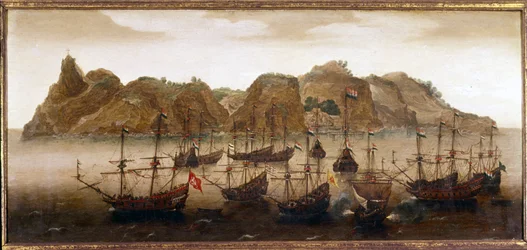 A frota holandesa ao largo da ilha de Santa Helena. Pintura a óleo. Século XVII. Museu Naval de Amesterdão.