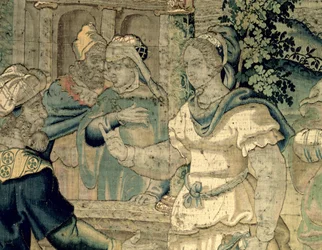 As filhas de Jetro contam a seu pai sobre seu encontro com Moisés (detalhe de 181718)