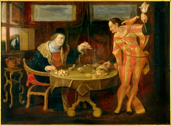 A venda de cebola tulipa Pintura da Escola Flamenga do século XVII. Sol 0,54x0,74 m Rennes, musee des Beaux Arts