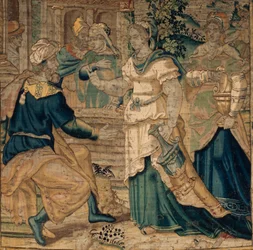 As colecções universitárias. A tapeçaria flamenga. As filhas de Jethro contam ao seu pai sobre o encontro com Moisés. Detalhe. Oudenaarde. Ca 1550.