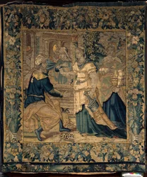 As colecções universitárias. A tapeçaria flamenga. As filhas de Jethro contam ao seu pai sobre o encontro com Moisés. Oudenaarde. Ca 1550.