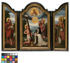 Tríptico com a Santíssima Trindade, uma Irmã Hospitaleira e Santa Padroeira (óleo sobre painel)