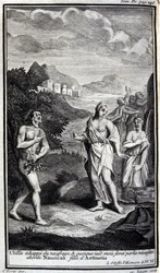 Ulisses escapa do naufrágio, e embora nua mas à força por necessidade aproxima-se de Nausicaa, filha de Antinous (Antinoos). Ilustração do livro VI da Odisseia de Homero, na Odisseia, publicado em Amesterdão em 1731, Milão.