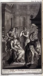 Entrevista de Ulisses com Penélope, que não o reconhece pelo que foi. Lilustração para o livro XIX da Odisseia de Homero, na Odisseia, publicada em Amsterdã em 1731, Coleção privee Milan.
