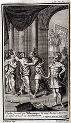 Ulysses, segundo da Telemaque, e dois dos seus pastores desmantelaram todos os perseguidores. Lustração do XXII livro da Odisseia de Homero, na Odisseia, publicado em Amesterdão em 1731, Coleção privee Milan.
