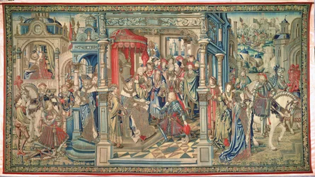 Urias, o hitita, enviado para a morte, tapeçaria de Davi e Bate-Seba, c.1510-15