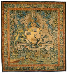 Tapeçaria de verdura com as armas de Robert Dudley, conde de Leicester, cerca de 1570-1585 (lã, seda)