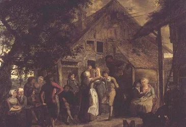 Aldeões Merrymaking fora de uma casa de campo