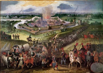 Guerra contra a Holanda: "Vista da cidade de Ardres": O Arquiduque Albert da Áustria apreendeu a cidade em 1596. Pintura da Escola Flamenga do século XVII. Real Monasterio de El Escorial, El Escorial, Espanha - Guerra contra os Países Baixos: Vista de