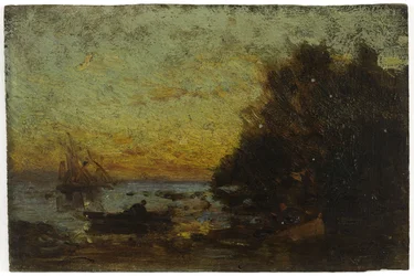 Barco e veleiros, pôr do sol. No verso: Marinha, entre 1850 e 1860 (óleo sobre madeira)