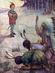 Índios saudando Peter Pan, como o Grande Pai Branco (litografia a cores)