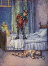 John Darling, que, por brincadeira, foi expulso pelo Peter Pan (litografia a cores)