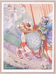 O capitão partiu a galope para um castelo no cimo da colina (litografia a cores)