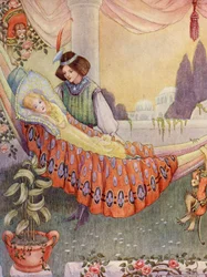A princesa pôs as donzelas em redes (litografia a cores)