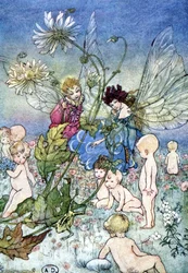 Mulher libélula (fada) e elfo rodeado de bebês - em "My Fairyland", de Fiona Malcom, doente. Florence Anderson