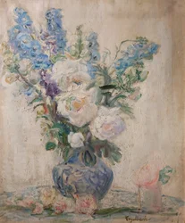 Rosas brancas e Delphiniums