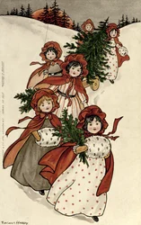Meninas com azevinho e a árvore de Natal