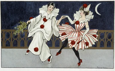 Pierrot e Colombina a dançar ao luar - desenho de Florence Hardy, início do século XX