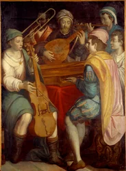 Concerto Alaúde músicos, epinette, trombone e viola de gamba. Pintura anónima da Escola Florentine 1550-1600. Sol 1,8x1,3 m