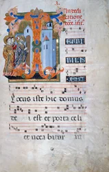 Inicial iluminada com um bispo abençoando uma igreja (Corale 2, c. 1), para o livro coral 2 de Santa Maria degli Angeli