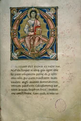 Página iluminada com Cristo em Majestade e símbolos dos evangelistas (Cód. Calci, ms. 36, c. 120)