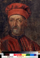 ""Retrato do rico banqueiro florentino Luca Pitti (1394-1472)"" Ele deu seu nome ao palácio Pitti) Pintura da escola florentina do início do século XVI Galeria de Arte Regional Deineka, Kursk Rússia