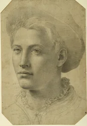 Cabeça de retrato de um jovem usando boné, c.1530-40 (giz preto sobre papel branco)