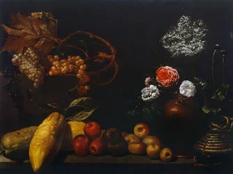 Natureza morta com jarro de cobre, rosas, uvas, flores de sabugueiro, citrinos e maçãs, por Unknown artist from Florence, Italy